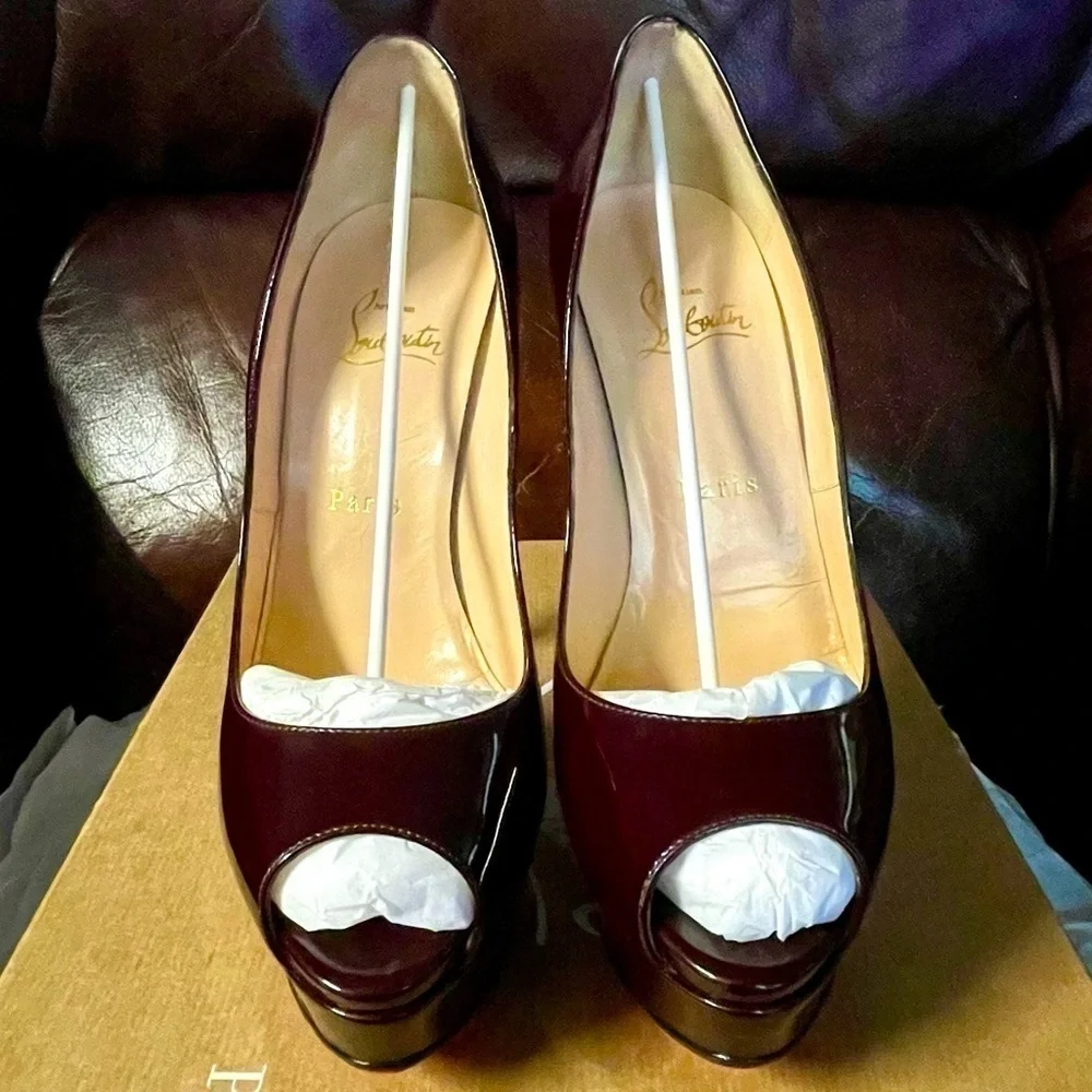 Christian Louboutin burgundy brown patent 150mm Lady Peep, peep toe pump…